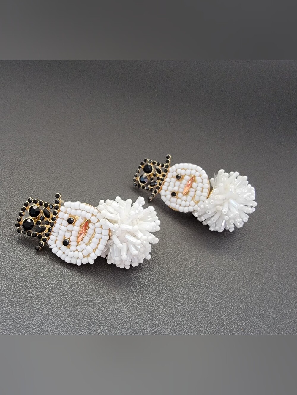 Beaded Snowman Earrings White Seed & Bugle Bead Christmas Holiday  Statement